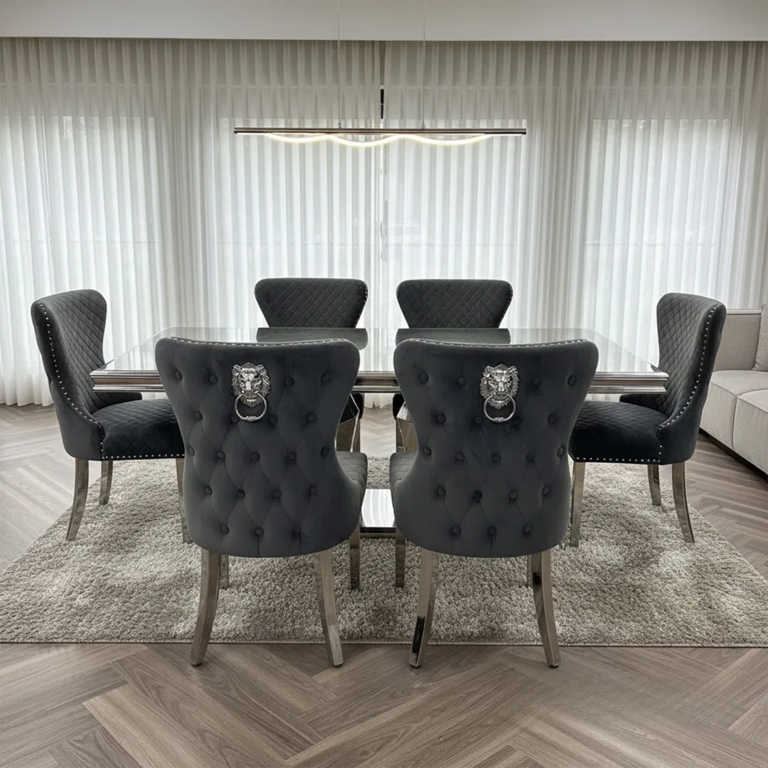 Chelsea Dark Gery Velvet Dining Chair | Buttoned Back with Chrome Lion Knocker - Image 6