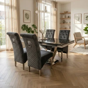 Urban 1.8m Black & Gold Marble Dining Set - Chrome U Base Table with 4/6/8/10 Einar Grey Velvet Chairs