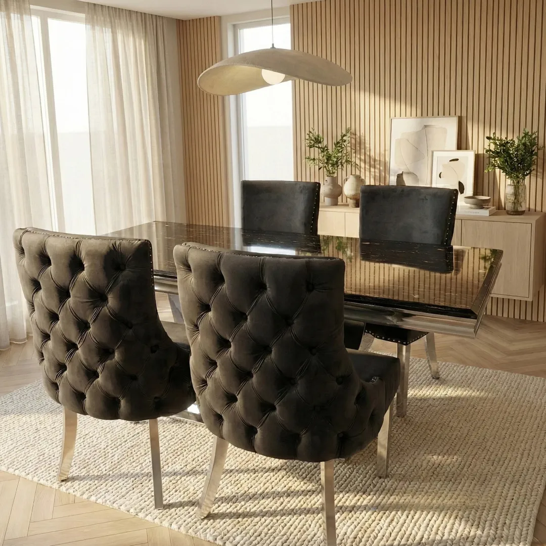 Urban 1.8m Black & Gold Marble Dining Set – Chrome U-Base Table with 4/6/8 Oskar Dark Grey Velvet Chairs - Image 5