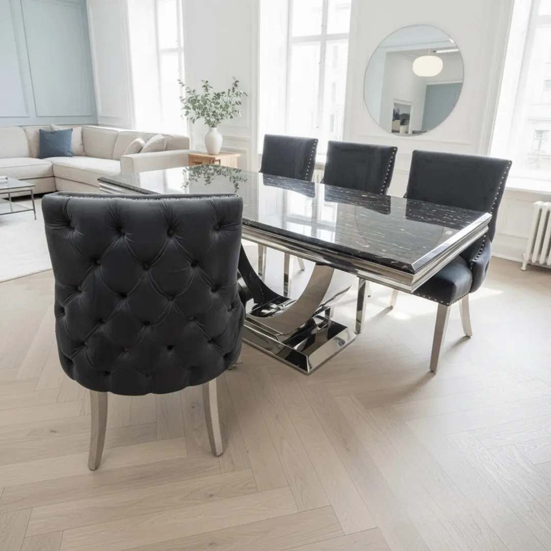 Urban 1.8m Black & Gold Marble Dining Set – Chrome U-Base Table with 4/6/8 Oskar Dark Grey Velvet Chairs - Image 6