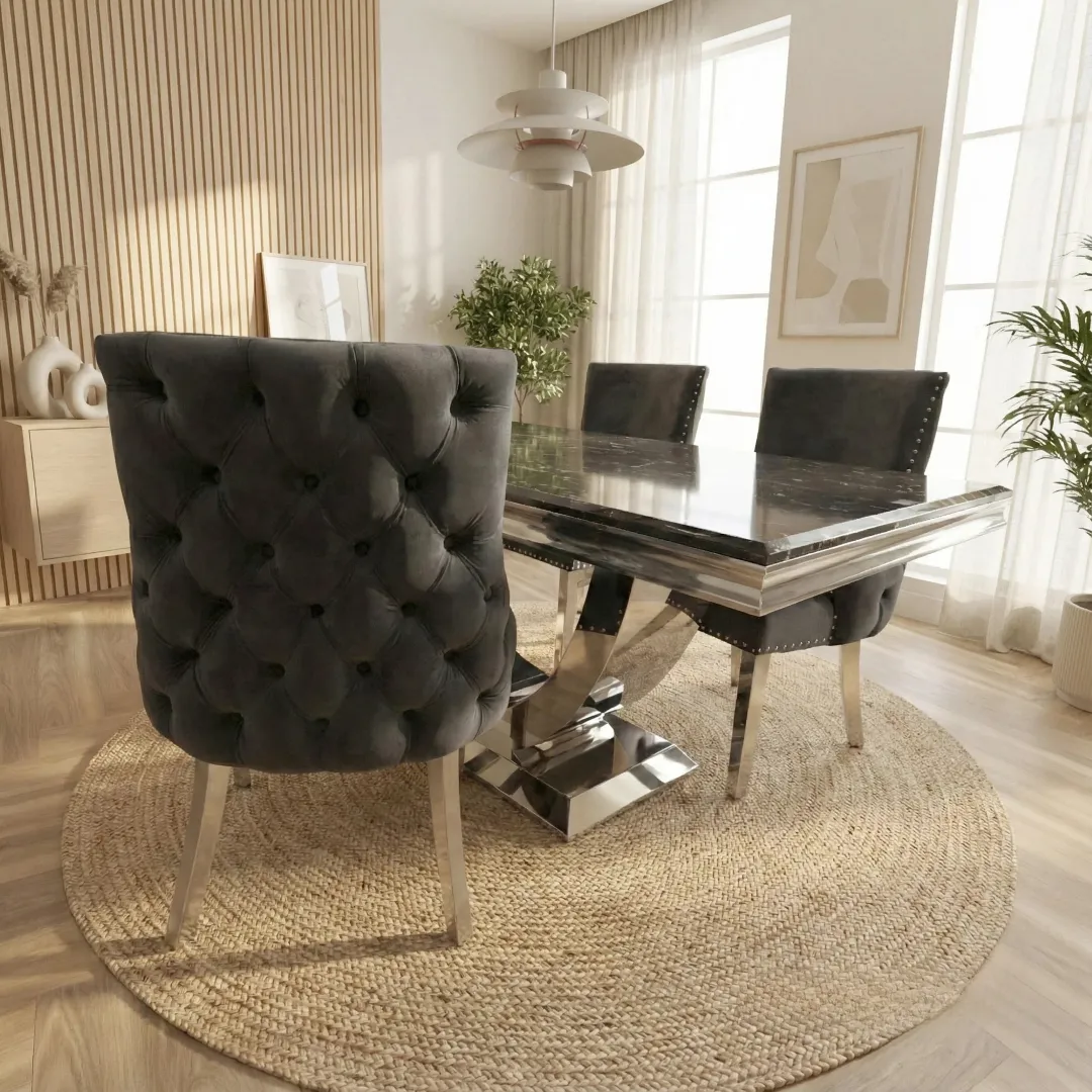 Urban 1.8m Black & Gold Marble Dining Set – Chrome U-Base Table with 4/6/8 Oskar Dark Grey Velvet Chairs - Image 3