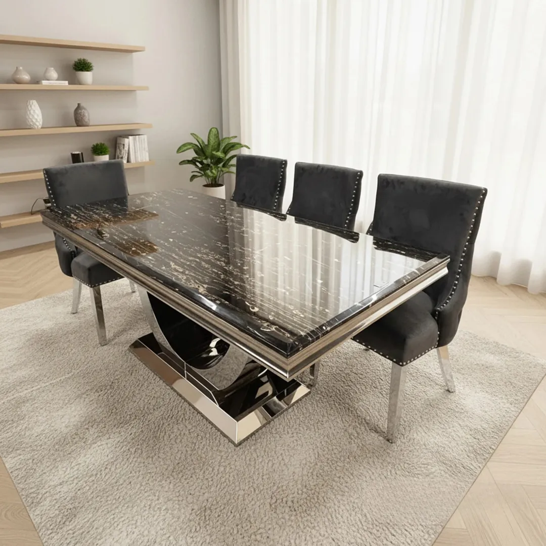 Urban 1.8m Black & Gold Marble Dining Set – Chrome U-Base Table with 4/6/8 Oskar Dark Grey Velvet Chairs - Image 4