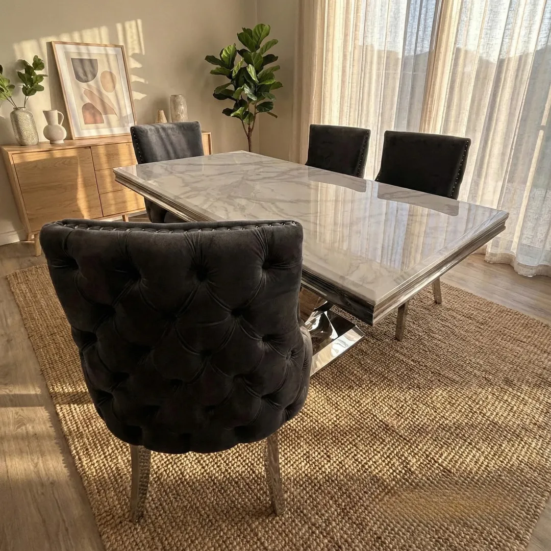 Urban 1.8m White Marble Dining Set – Chrome U-Base Table with 4/6/8 Oskar Dark Grey Velvet Chairs - Image 3