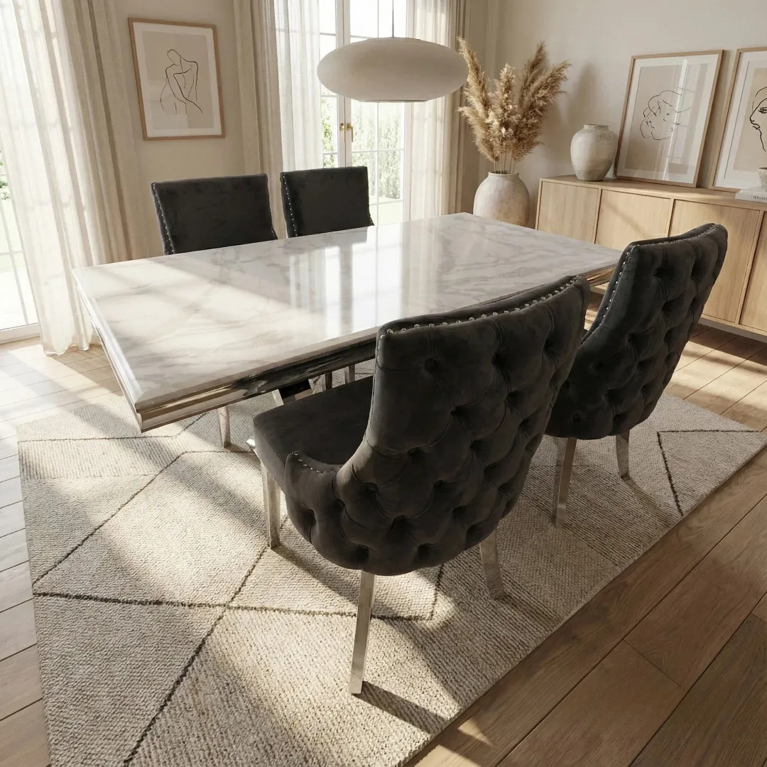 Urban 1.8m White Marble Dining Set – Chrome U-Base Table with 4/6/8 Oskar Dark Grey Velvet Chairs - Image 2
