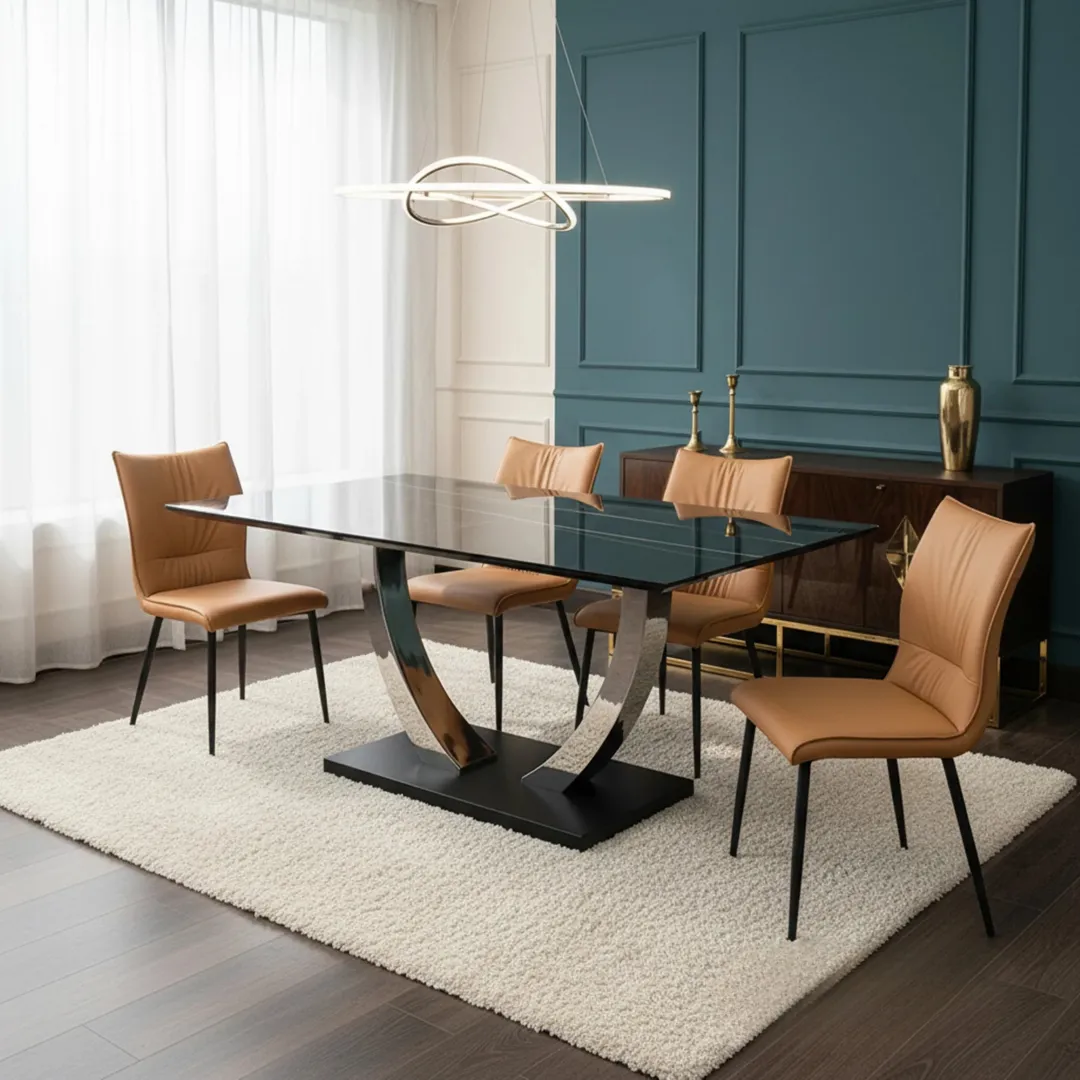 Valdemar 1.6m Black Sintered Stone Dining Set – Chrome Pedestal Base with 4/6 Folke Tan Leather Chairs