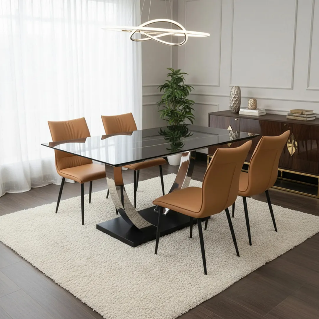 Valdemar 1.6m Black Sintered Stone Dining Set – Chrome Pedestal Base with 4/6 Folke Tan Leather Chairs - Image 3