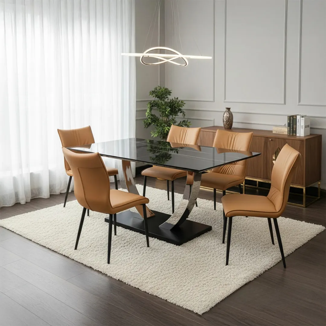 Valdemar 1.6m Black Sintered Stone Dining Set – Chrome Pedestal Base with 4/6 Folke Tan Leather Chairs - Image 4