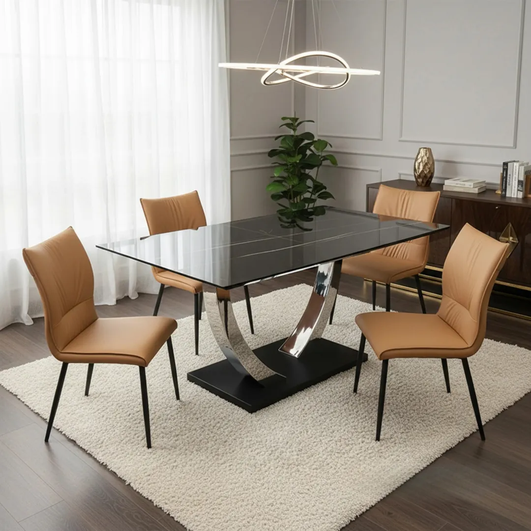 Valdemar 1.6m Black Sintered Stone Dining Set – Chrome Pedestal Base with 4/6 Folke Tan Leather Chairs - Image 5