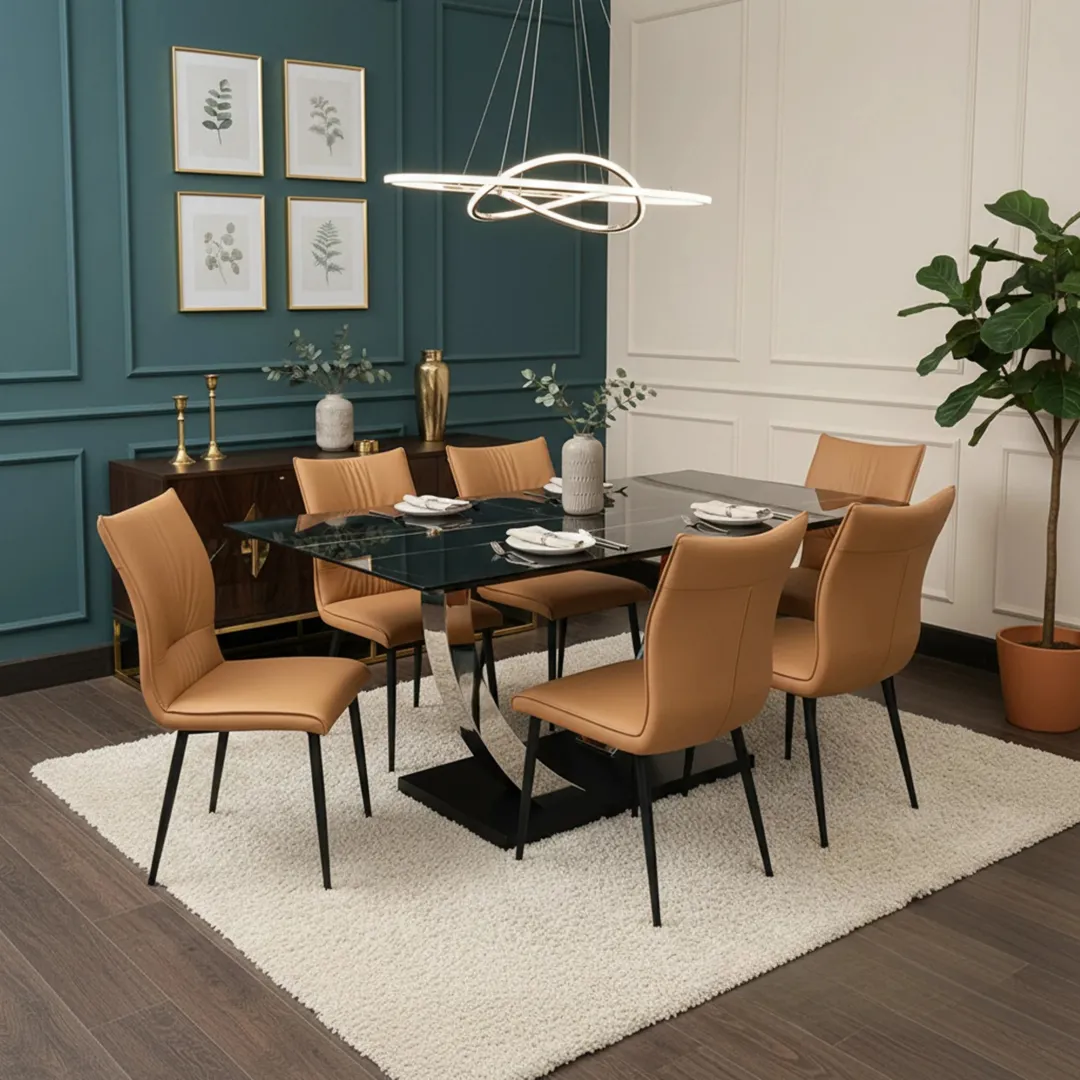 Valdemar 1.6m Black Sintered Stone Dining Set – Chrome Pedestal Base with 4/6 Niklas Leather Chairs - Image 6