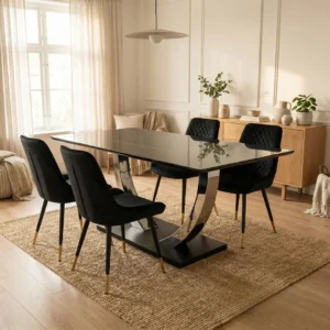 Valdemar 1.6m Black Sintered Stone Dining Set – Chrome Pedestal Base with 4/6 Lyder Velvet Chairs