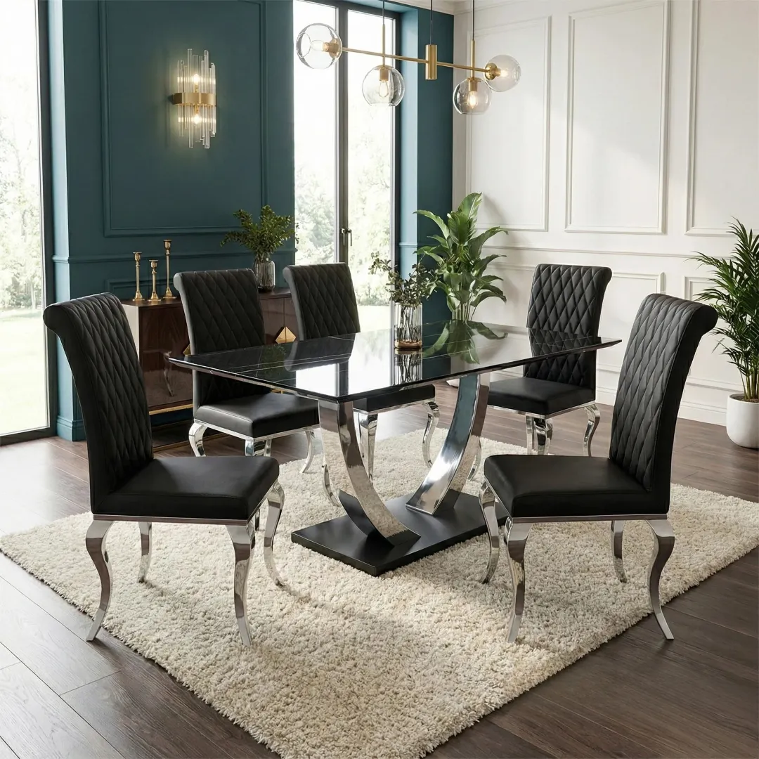 Valdemar 1.6m Black Sintered Stone Dining Set – Chrome Pedestal Base with 4/6 Niklas Leather Chairs