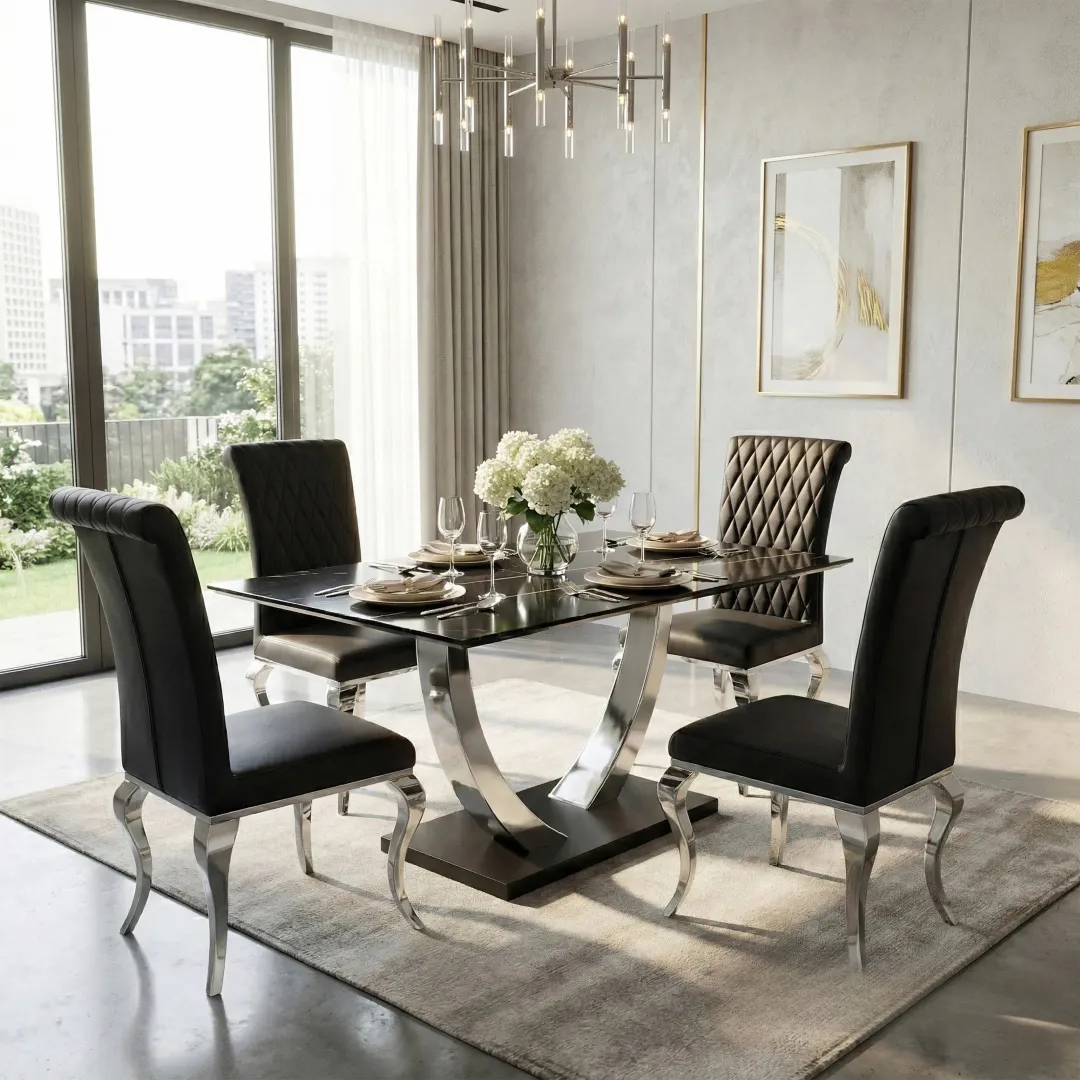 Valdemar 1.6m Black Sintered Stone Dining Set – Chrome Pedestal Base with 4/6 Niklas Leather Chairs - Image 3