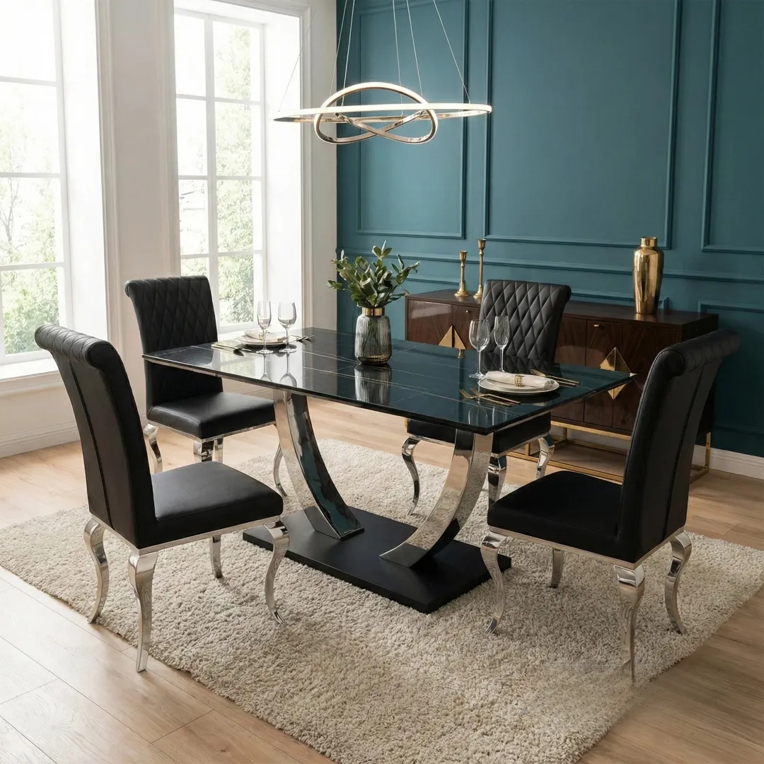 Valdemar 1.6m Black Sintered Stone Dining Set – Chrome Pedestal Base with 4/6 Niklas Leather Chairs - Image 2