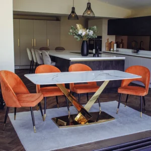 Vittoria 1.8m Slimline Gold Dining Set – White Sintered Stone Table with 4/6/8 Bjorn Velvet Chairs