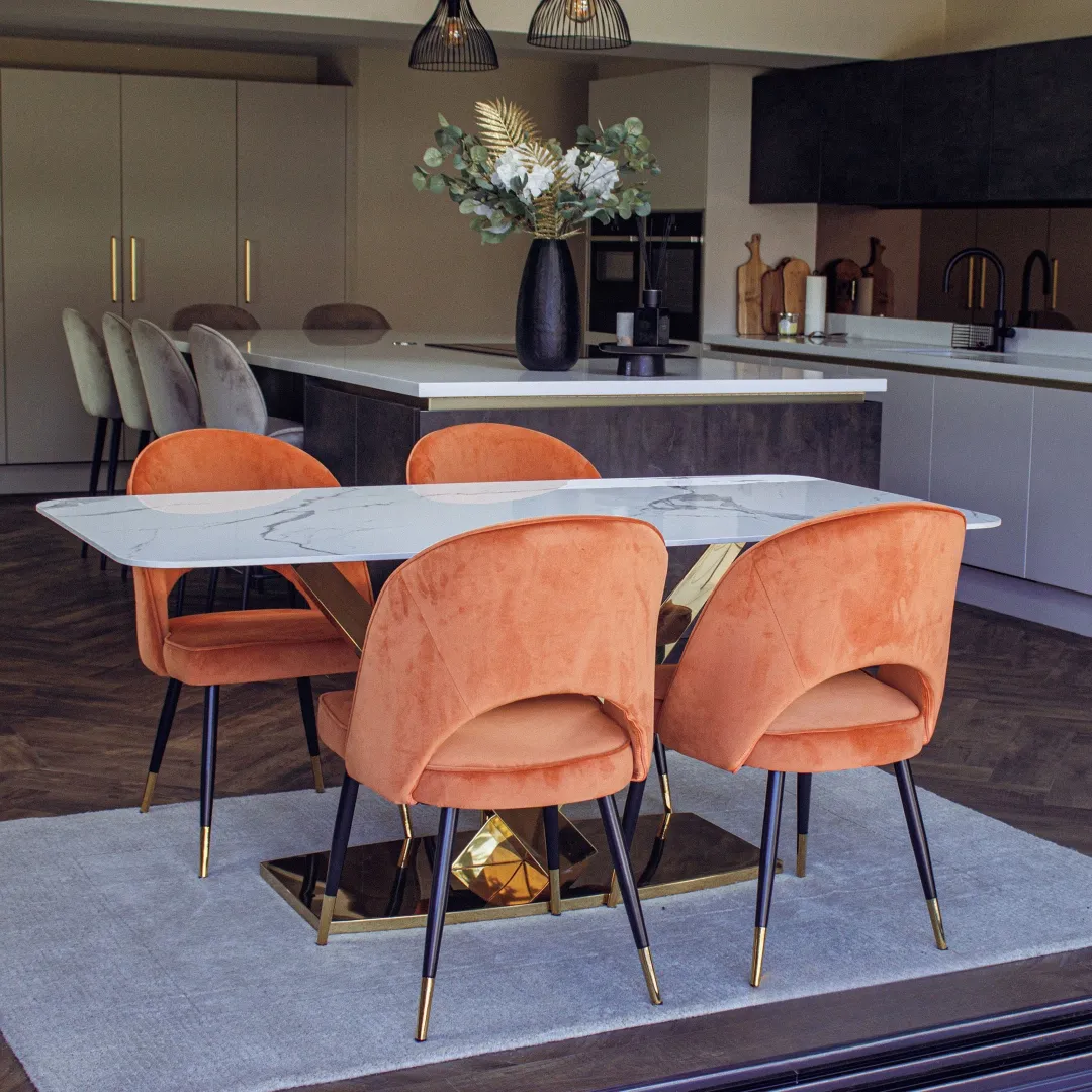 Vittoria 1.8m Slimline Gold Dining Set – White Sintered Stone Table with 4/6/8 Bjorn Velvet Chairs - Image 3