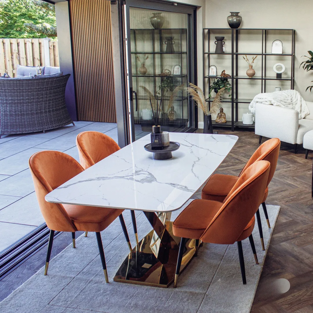 Vittoria 1.8m Slimline Gold Dining Set – White Sintered Stone Table with 4/6/8 Bjorn Velvet Chairs - Image 4