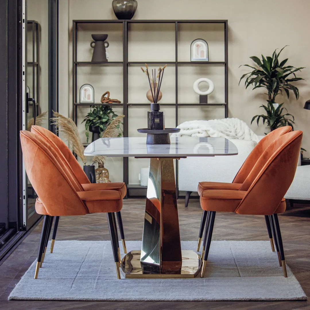 Vittoria 1.8m Slimline Gold Dining Set – White Sintered Stone Table with 4/6/8 Bjorn Velvet Chairs - Image 5