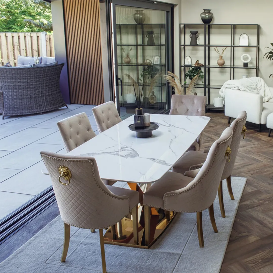 Vittoria 1.8m Slimline Gold Dining Set – White Sintered Stone Table with 4/6/8 Henrik Velvet Chairs - Image 7