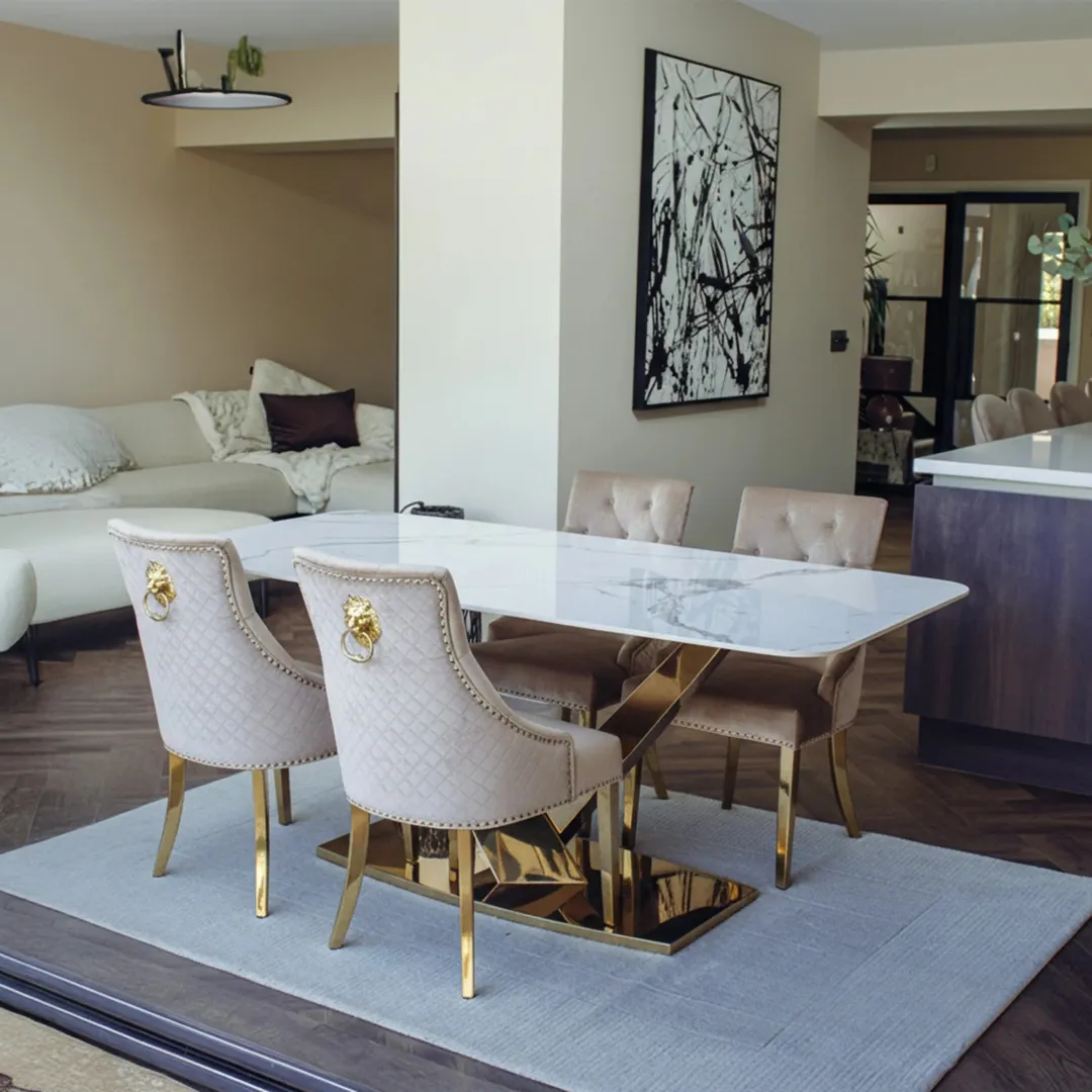Vittoria 1.8m Slimline Gold Dining Set – White Sintered Stone Table with 4/6/8 Henrik Velvet Chairs - Image 6