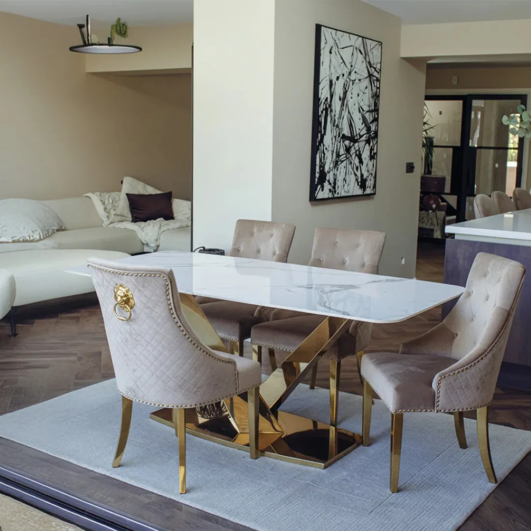 Vittoria 1.8m Slimline Gold Dining Set – White Sintered Stone Table with 4/6/8 Henrik Velvet Chairs - Image 5