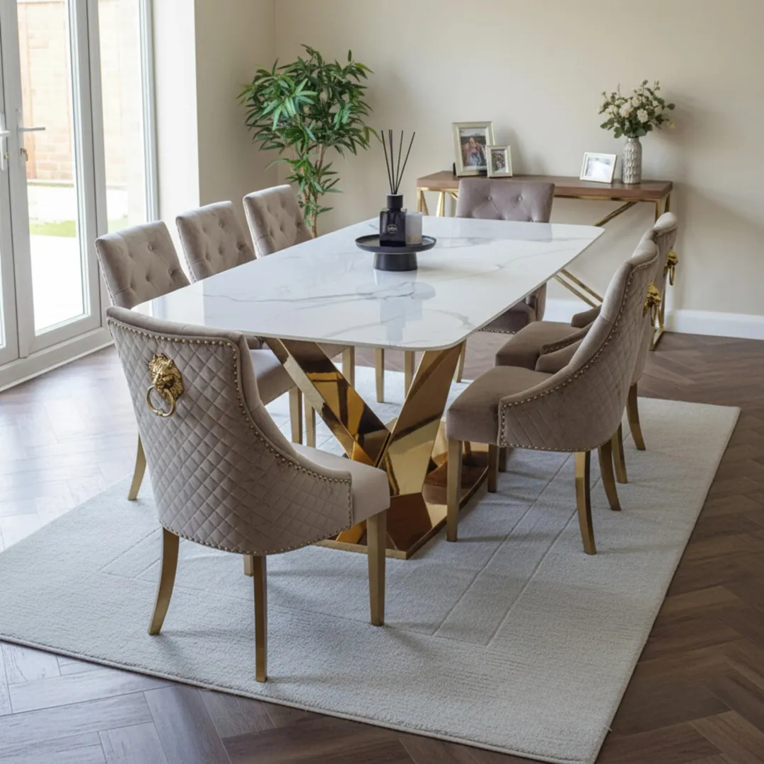 Vittoria 1.8m Slimline Gold Dining Set – White Sintered Stone Table with 4/6/8 Henrik Velvet Chairs - Image 4