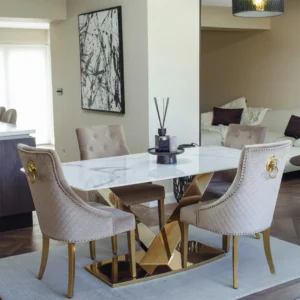 Vittoria 1.8m Slimline Gold Dining Set – White Sintered Stone Table with 4/6/8 Henrik Velvet Chairs