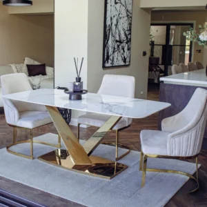 Vittoria 1.8m Slimline Gold Dining Set – White Sintered Stone Table with 4/6 Olivia Velvet Chairs