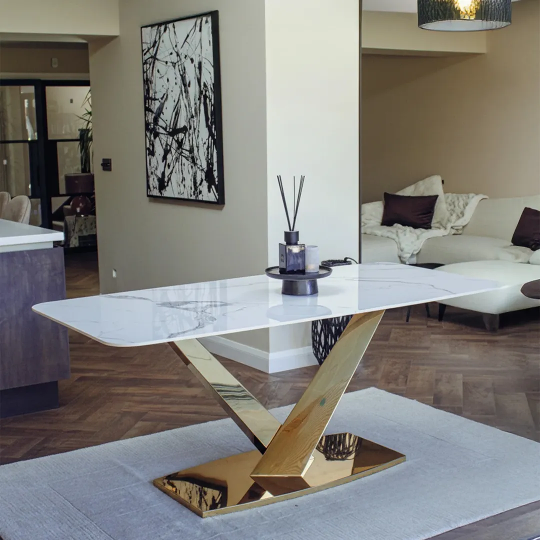 Vittoria 1.8m Slimline Gold Dining Set – White Sintered Stone Table with 4/6/8 Henrik Velvet Chairs - Image 3