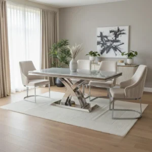 Xena 1.8m Chrome Dining Set – Light Grey Marble Table with 4/6 Olivia Beige Velvet Chairs