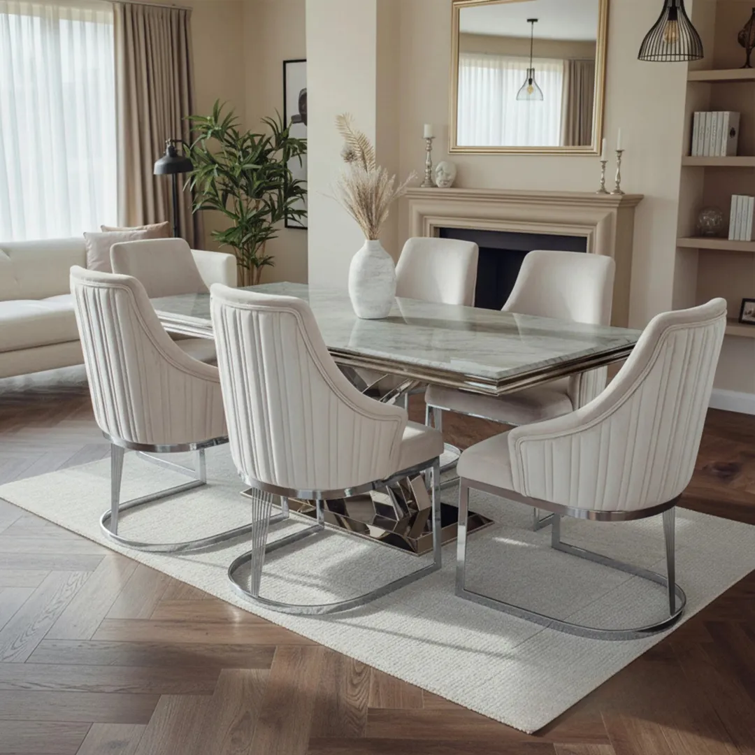Xena 1.8m Chrome Dining Set – Light Grey Marble Table with 4/6 Olivia Beige Velvet Chairs - Image 3