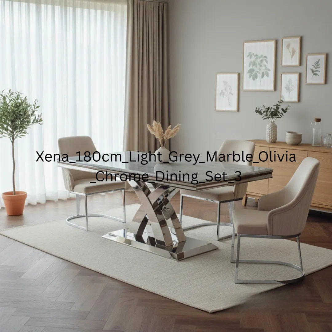 Xena 1.8m Chrome Dining Set – Light Grey Marble Table with 4/6 Olivia Beige Velvet Chairs - Image 4