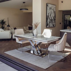 Xena 1.8m Rectangular Chrome Dining Set – Cream Marble Table with 4/6 Olivia Velvet Chairs