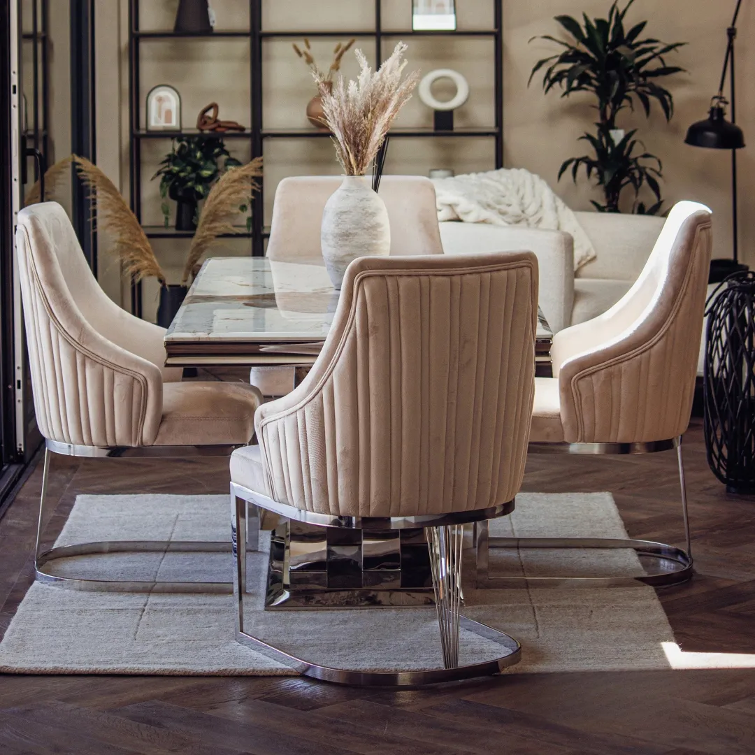 Xena 1.8m Rectangular Chrome Dining Set – Cream Marble Table with 4/6 Olivia Velvet Chairs - Image 2