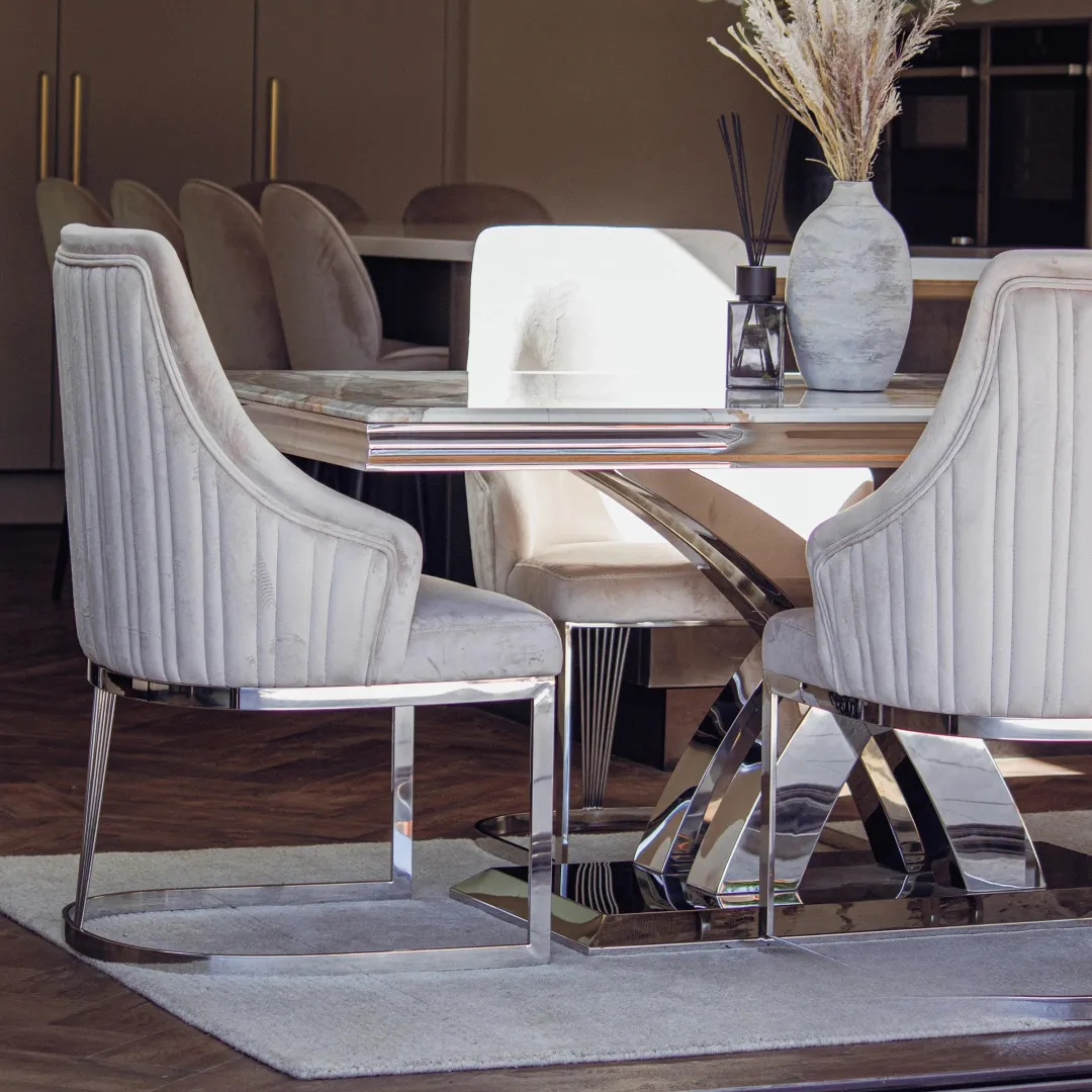 Xena 1.8m Rectangular Chrome Dining Set – Cream Marble Table with 4/6 Olivia Velvet Chairs - Image 3