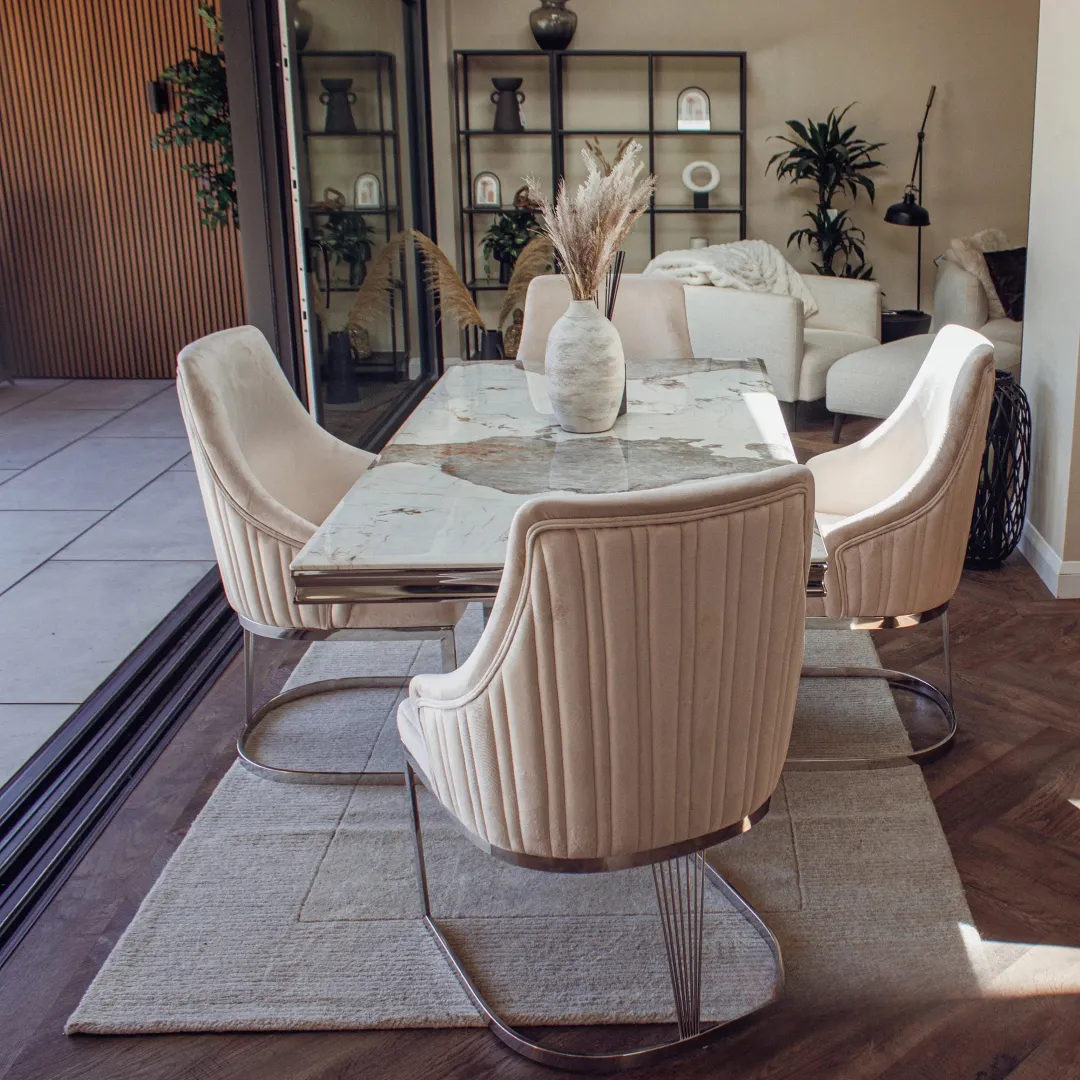Xena 1.8m Rectangular Chrome Dining Set – Cream Marble Table with 4/6 Olivia Velvet Chairs - Image 4