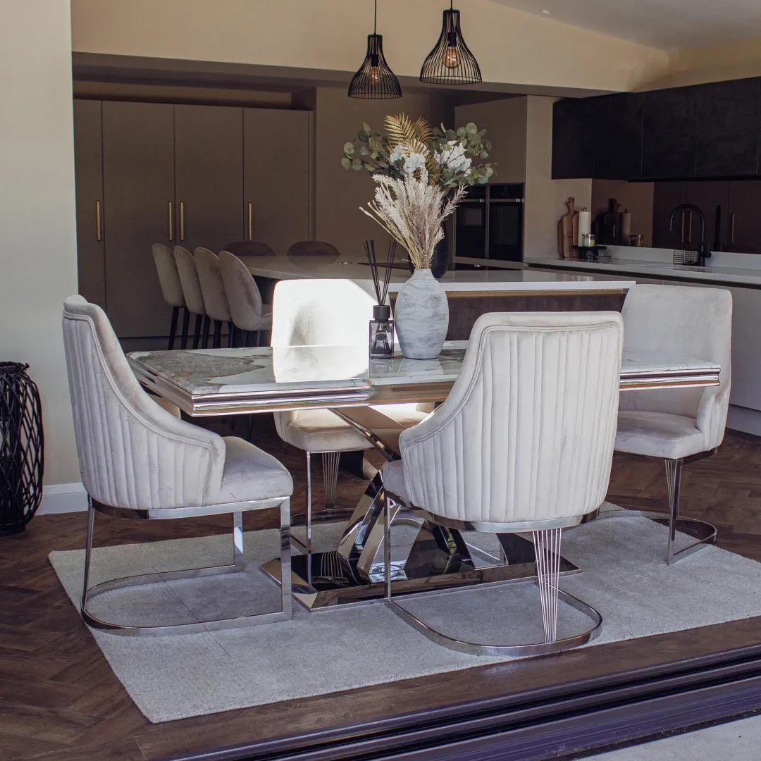 Xena 1.8m Rectangular Chrome Dining Set – Cream Marble Table with 4/6 Olivia Velvet Chairs - Image 5