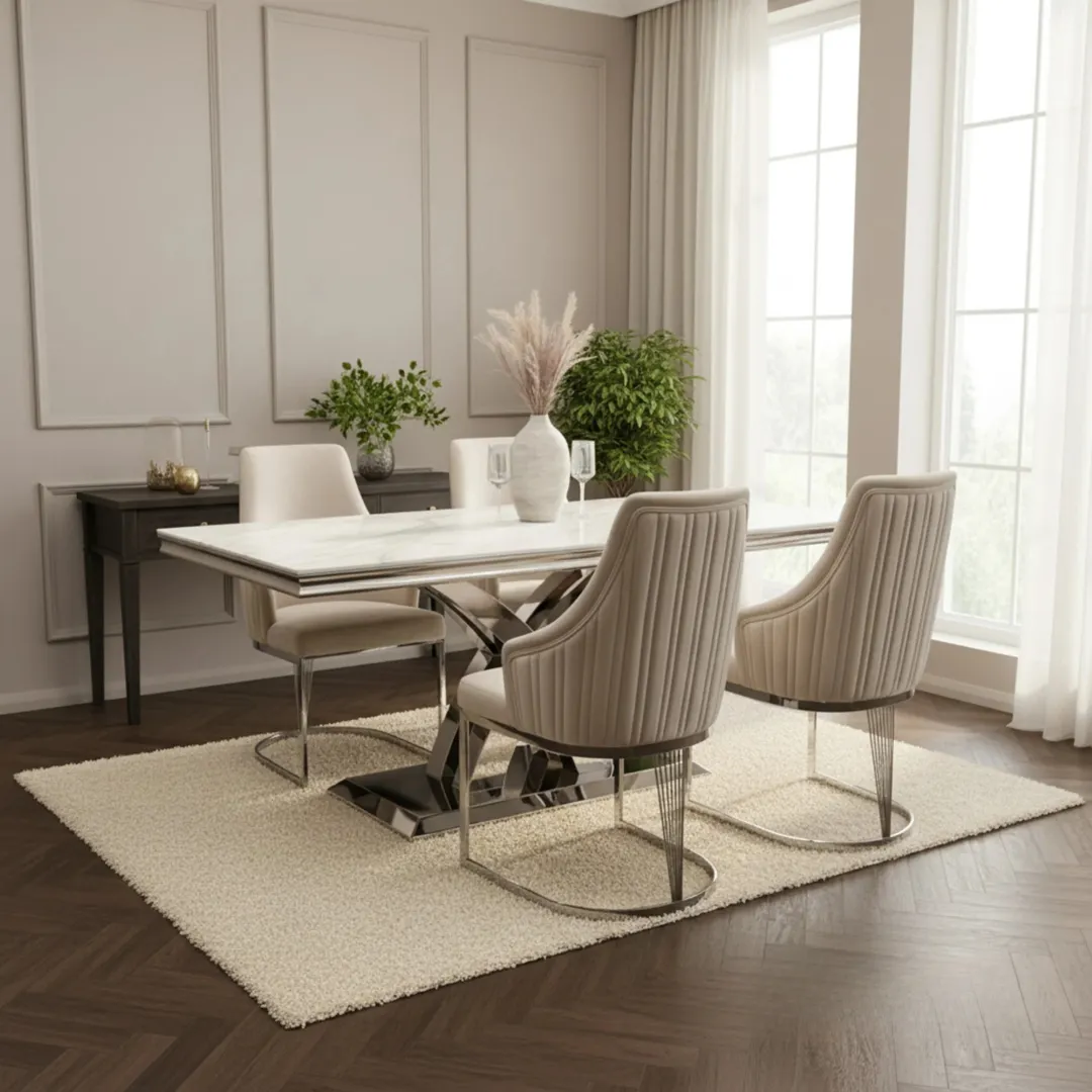 Xena 1.8m Rectangular Chrome Dining Set – White Marble Table with 4/6 Olivia Velvet Chairs - Image 5