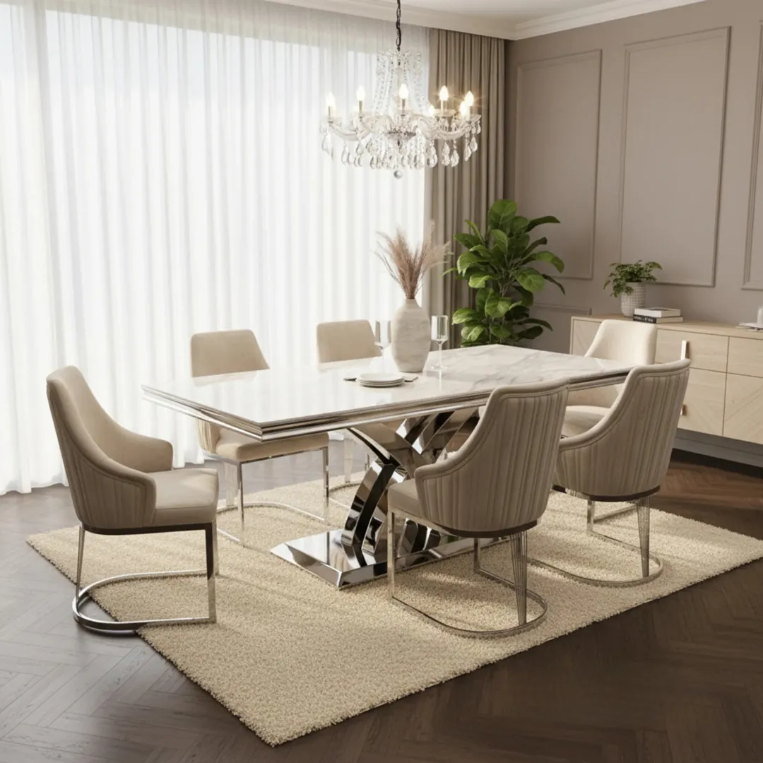 Xena 1.8m Rectangular Chrome Dining Set – White Marble Table with 4/6 Olivia Velvet Chairs - Image 4