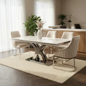 Xena 1.8m Rectangular Chrome Dining Set – White Marble Table with 4/6 Olivia Velvet Chairs