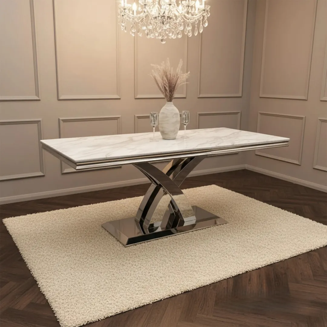 Xena 1.8m Rectangular Chrome Dining Set – White Marble Table with 4/6 Olivia Velvet Chairs - Image 2