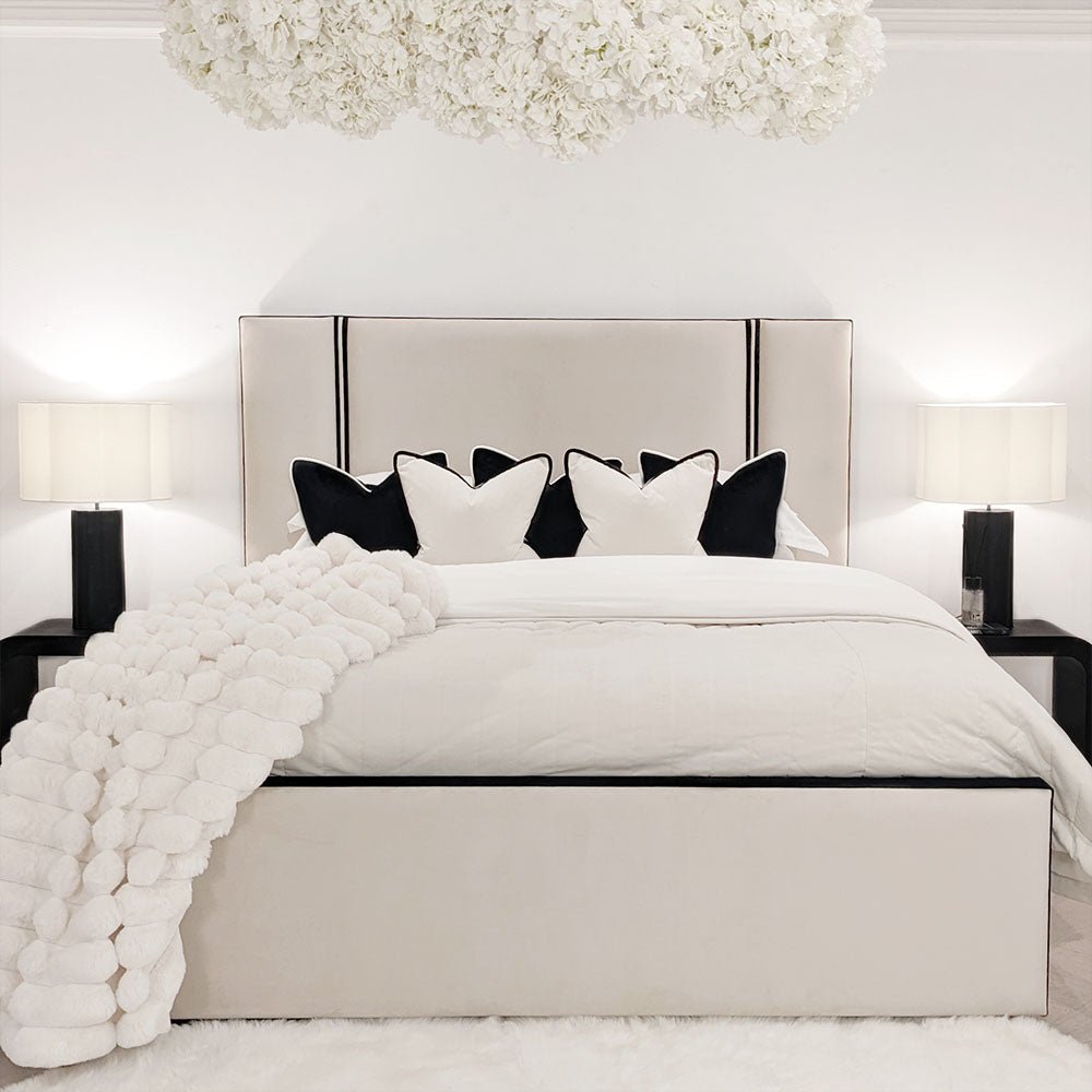Alessi Vanilla Velvet Luxury Bed with Contrast Black Piping