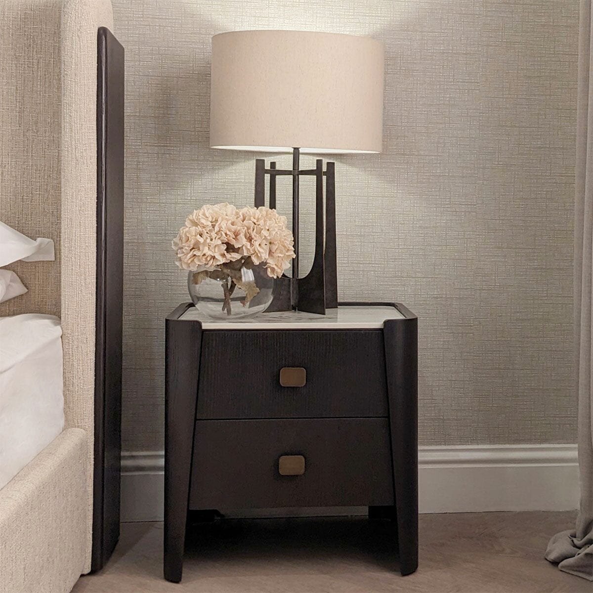 Adalynn Deep Brown Wooden 2 Drawer Bedside Table with Faux Marble Top