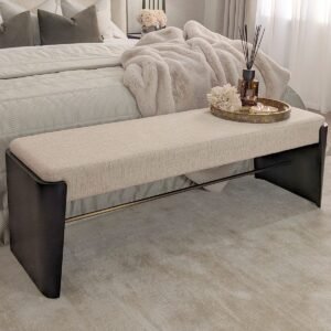 Adalynn Natural Textured Fabric Bench with Deep Brown Wooden Legs