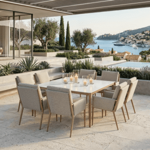 Adria Almond Upholstered Outdoor Dining Set- Seats 8