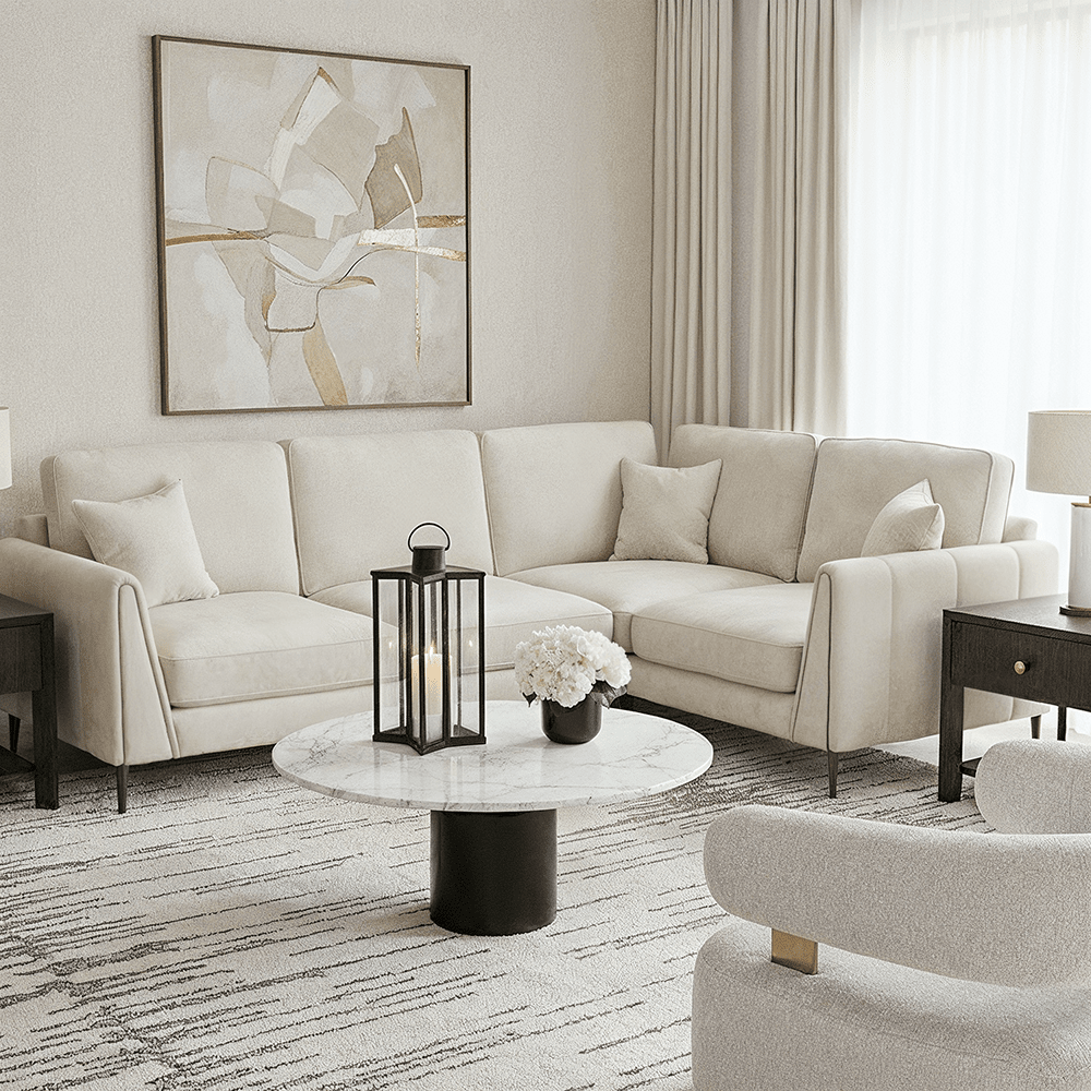 Alaina Cream Velvet Right Hand Facing Corner Sofa with Black Legs
