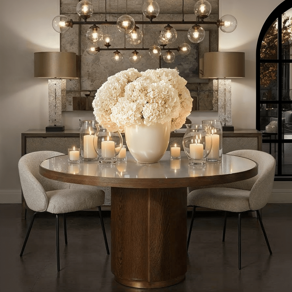Alexandra Luxury Linen & Dark Brown Oak Round Dining Table