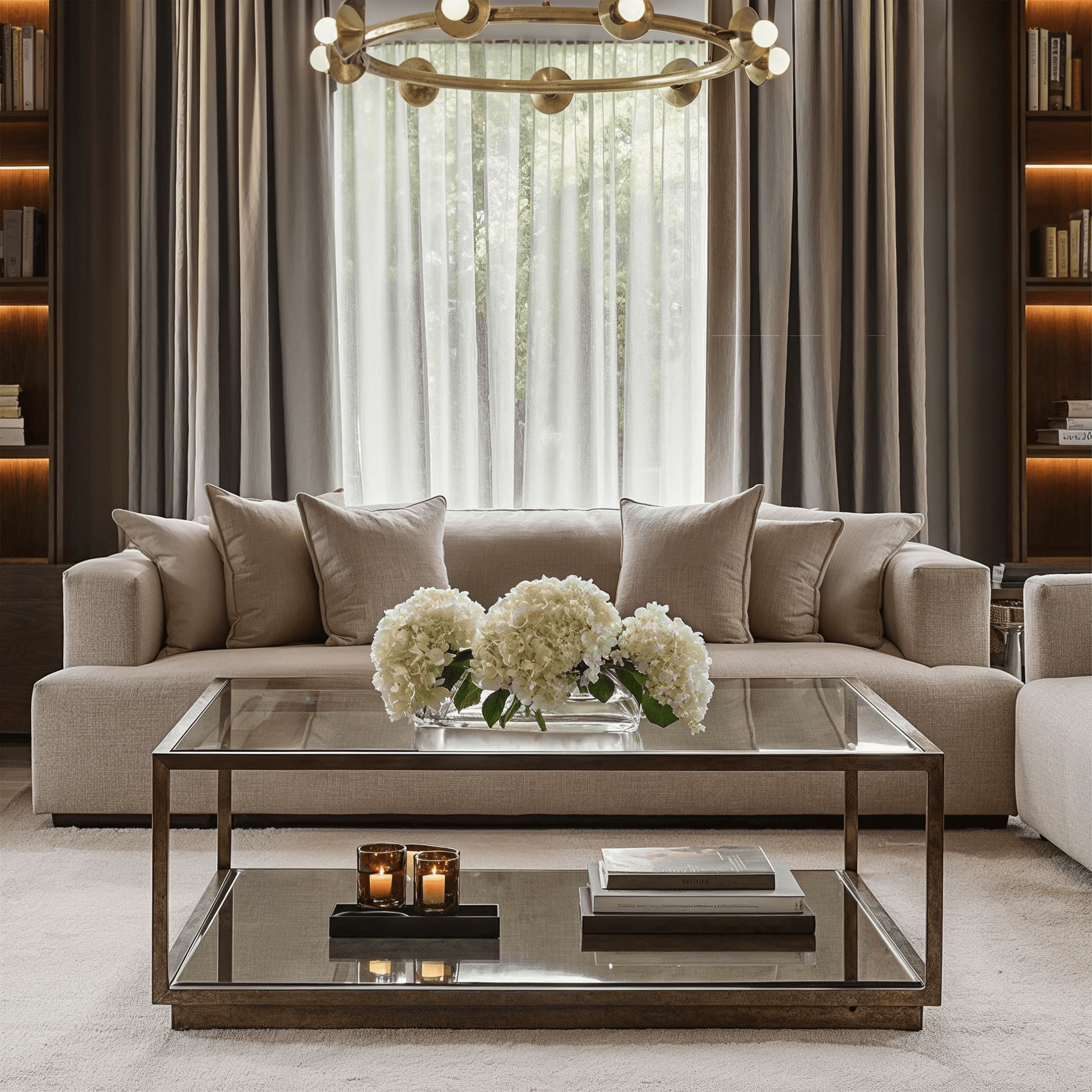 Alpha Bronze & Glass Coffee Table with Mirrored Shelf