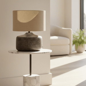 Aris Brown Textured Ceramic Table Lamp with Linen Shade