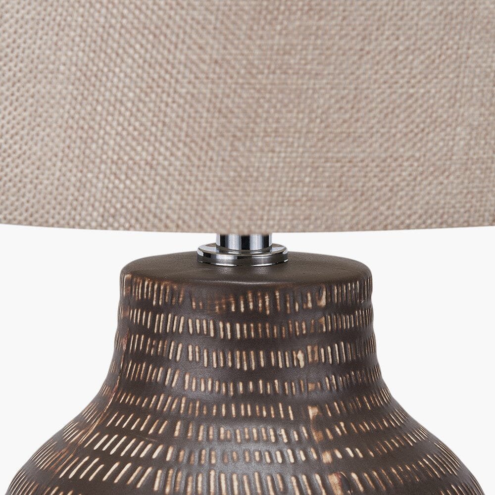Aris Tall Brown Textured Ceramic Table Lamp with Linen Shade