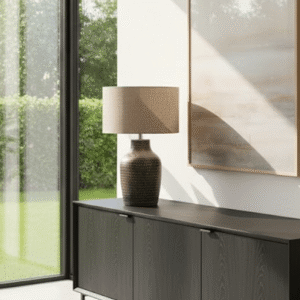 Aris Tall Brown Textured Ceramic Table Lamp with Linen Shade